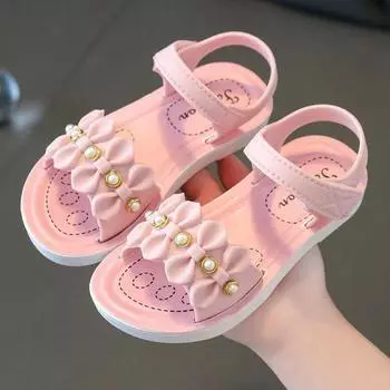 Новые летние модные сандалии с украшением из бисера для девочек 3-7 лет, детские тапочки, мягкие нескользящие шлепанцы для морского пляжа, детская обувь 24 бежевый