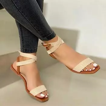 Новые летние модные уличные пляжные удобные однотонные сандалии с открытым носком, женская обувь с запахом лодыжки 35 бежевый