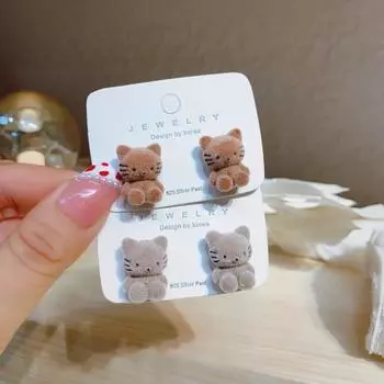 Новые милые флокированные плюшевые серьги с изображением кота, Япония, Корея, для женщин и девочек, медведь с рисунком медведя и сто сережек, вечерние ювелирные изделия, подарки