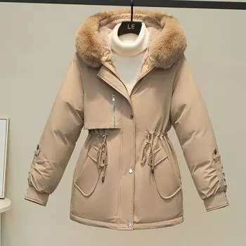 Новые модели одежды с хлопковой подкладкой на осень и зиму: женская куртка средней и длинной длины с большим меховым воротником, парка, флисовая и тонкая куртка с хлопковой подкладкой. M 90-55 kg