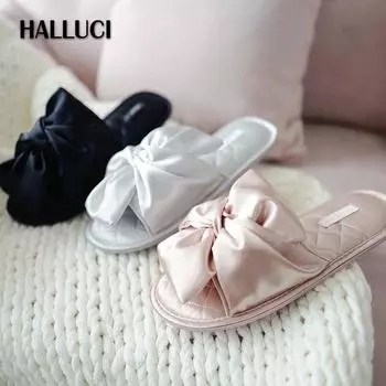 Новые модные атласные шелковые домашние тапочки с бантом и открытым носком женские сандалии корейские туфли Slip On женские комнатные тапочки шлепанцы TX32003 EUR 36-37 чёрный