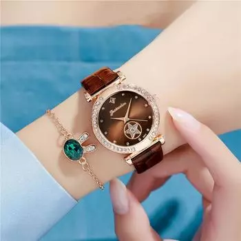 Новые модные часы Star Crystal 2PCS(Браслет+Варша) Часы женские лунные женские милые кварцевые женские наручные часы со стразами