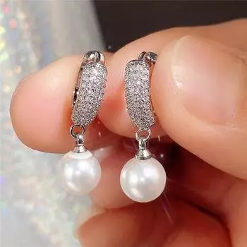 Новые модные серьги-кольца с подвеской из искусственного жемчуга для женщин, инкрустация блестящим камнем CZ, роскошные свадебные трендовые ювелирные изделия для помолвки