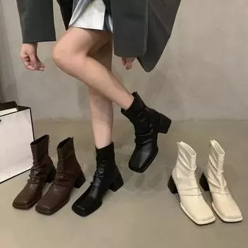 Новые модные / удобные повседневные женские туфли с высоким каблуком, однотонные, элегантные, короткие сапоги на высоком каблуке, осень / зима 35