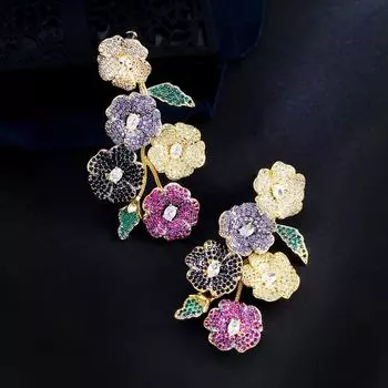 Новые модные женские серьги с серебряными иглами S925, цветные цирконовые серьги с цветком растений, роскошные серьги золотого цвета, преувеличенные серьги-подвески, подарок