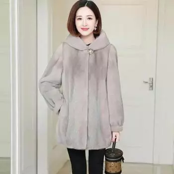 Новые модные зимние модели пальто из искусственного норкового меха, свободное пальто из норки, женское утолщенное пальто средней длины с капюшоном S чёрный