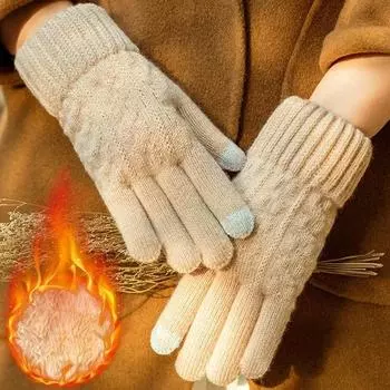 Новые мужские теплые перчатки с длинными пальцами, зимние перчатки с сенсорным экраном и флисовые перчатки, женские утепленные шерстяные вязаные перчатки для езды на велосипеде