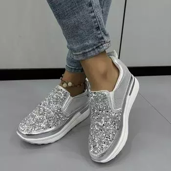 Новые однотонные модные женские туфли с пайетками, плоские, нескользящие, износостойкие, с толстой подошвой, повседневные кроссовки для бега 35