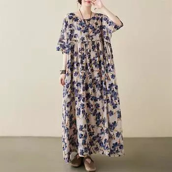 Новые платья из хлопка с короткими рукавами больших размеров и цветочным принтом для женщин, повседневные свободные длинные летние платья