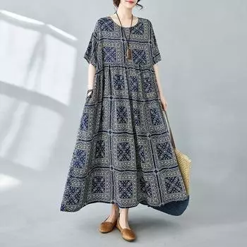 Новые платья из хлопка с короткими рукавами больших размеров и цветочным принтом для женщин, повседневные свободные длинные летние платья