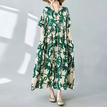 Новые платья из хлопка с короткими рукавами больших размеров и цветочным принтом для женщин, повседневные свободные длинные летние платья