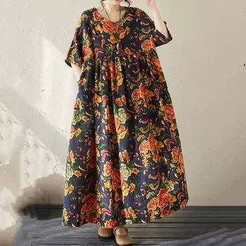 Новые платья из хлопка с короткими рукавами больших размеров и цветочным принтом для женщин, повседневные свободные длинные летние платья темно-синий