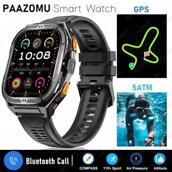 Новые смарт-часы с GPS 2025 для мужчин, 1,96-дюймовый HD AMOLED экран, компас, Bluetooth-звонки, водонепроницаемость 5 атм, спортивные смарт-часы для Android iOS чёрный