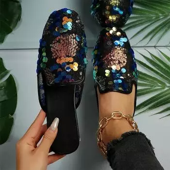 Новые туфли на плоской подошве, мюли, блестящие женские тапочки, летние повседневные шлепанцы 2024 года, модные сандалии для ходьбы, женские шлепанцы Zapatos 36 чёрный