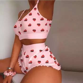 Новые женские комплекты из 2 предметов, кружевная ночная рубашка с клубничным принтом, кружевные пижамы с принтом, пижамный комплект с лямкой на шее, сексуальная домашняя одежда, женские пижамы