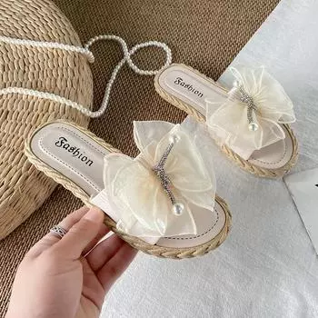 Новые женские тапочки, тапочки в стиле феи, домашняя и уличная одежда, сетчатые шлепанцы с бантом из пряжи, модные и удобные 36-37 бежевый