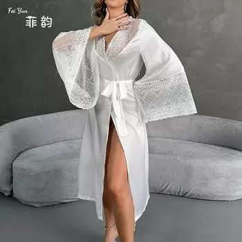 Новый атласный утренний халат пижама женская кружевная легкая роскошная ночная рубашка с длинными рукавами халат женская одежда S белый