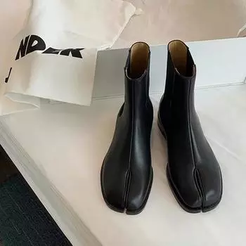 Новый брендовый дизайн, мода, раздельный носок, натуральная кожа, женские ботинки на толстом круглом каблуке, женские зимние ботинки-таби, короткие ботинки 35