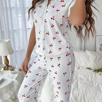 Новый комплект из 2 предметов, кружевные рубашки с коротким рукавом и V-образным вырезом, летняя ночная рубашка с принтом вишни, женская элегантная пижама, длинные брюки, одежда для сна S белый