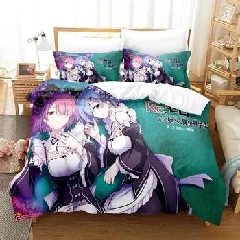Новый комплект постельного белья Re Zero Rem Ram, комплект из трех предметов с рисунком из мультфильма «Аниме», для взрослых и детей, для спальни, пододеяльник, наборы 3D Kawaii Girl, домашний текстиль EU Single 135x200cm