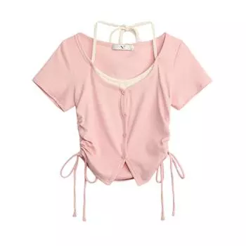 Новый летний элегантный женский топ из двух предметов Sweet Pure Desire, облегающий пуловер на шнурке, свисающий вырез, сексуальная футболка с коротким рукавом S чёрный
