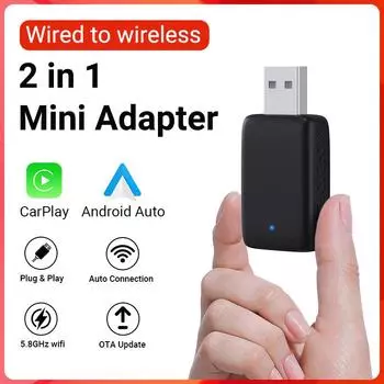 Новый мини-адаптер 2 в 1 с проводного на беспроводной CarPlay и Android Auto 5 ГГц WiFi5 для 99% оригинальных проводных автомобилей CarPlay/Auto