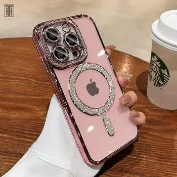 Новый модный блестящий чехол со стразами для iPhone 15 11 12 13 14 Pro Max Plus Magsafe, магнитный, с беспроводной зарядкой, прозрачный блестящий чехол For iPhone 15 Plus