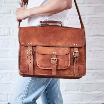 Новый портфель для ноутбука из козьей кожи, сумка ручной работы 13 x 17 x 6 in коричневый
