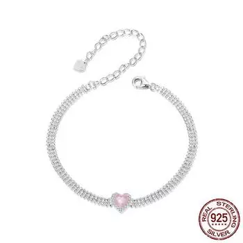 Новый простой браслет Ice Flower Pink Love, сладкий и девичий браслет в форме сердца с цирконом S925 из стерлингового серебра Adjustable size