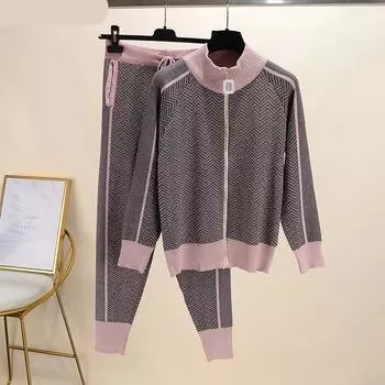 Новый спортивный костюм, женская лоскутная водолазка, вязаный кардиган на молнии + брюки, комплект из 2 предметов, вязаный топ, брючный наряд One Size розовый
