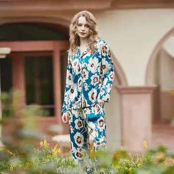 Новый стиль удобной пижамы Ice Silk для женщин с отворотом, весенняя и летняя домашняя одежда с длинными рукавами M