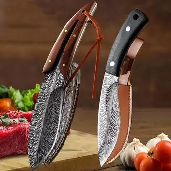Нож для обвалки из нержавеющей стали, топор для нарезки мяса, многоцелевой нож, нож для разделки мяса, деревянная ручка, кухонные ножи с ножнами