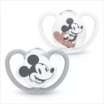 NUK Nook Space Mickey Pacifiers for Babies Disney with Disinfectant Set of 2 0-6 Months, Design, Silicone, Case, (OCNK2185184)