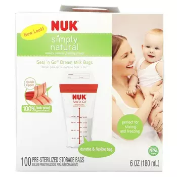 NUK, Seal n Go, пакеты для грудного молока, 100 стерилизованных пакетов, 180 мл (6 унций) вместимость каждого.