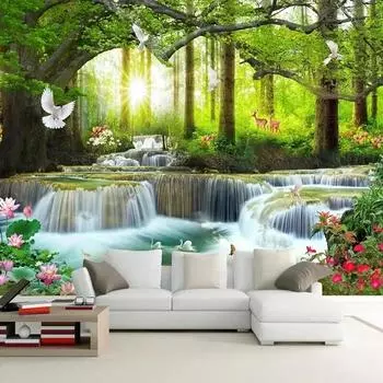 Обои 3d Природа Пейзаж Лес Водопады Фото Настенная Живопись Гостиная Телевизор Диван Фон Настенная Роспись 3d Домашний Декор 200 cm(W) x 140 cm(H)
