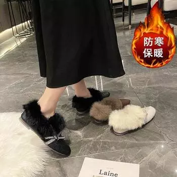 Обувь Mao Mao женская обувь Doudou на осень и зиму 2024 года, новая верхняя одежда, модные одинарные туфли на плоской подошве с одной педалью, бархатные женские туфли 35 чёрный