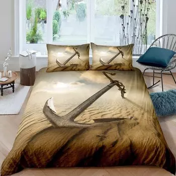 Ocean Beach Ship Anchor Duvet Cover Set Морской полиэстеровый плед для мужчин и женщин Закат Голубое небо Белые облака King Size EU single(135x200cm)