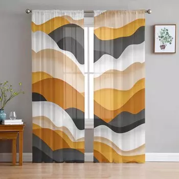 Ocean Waves Dark Grey Orange Gradient Sheer Curtains for Living Room Decoration Window Curtains Kitchen Tulle Voile Curtains W135 x H115cm x1