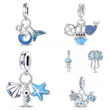 Ocean Wind Seahorse Turtle Whale Charm Бусины DIY Jewelry Accessories Браслет с белым медным покрытием