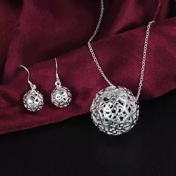 Очаровательное серебро 925 пробы с полым шаром, кулон, ожерелье, серьги, комплект ювелирных изделий для женщин, модные вечерние, рождественские подарки 45cm 18 inches