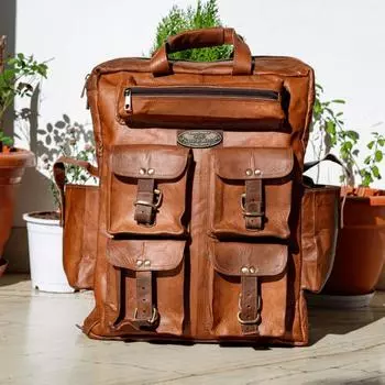 Очень большая мужская кожаная сумка-рюкзак Luagge Travel Weekend Backpack Bag (7 карманов) 18 X 13 X 7 inches коричневый