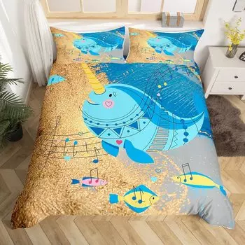 Одеяло с дельфином, пододеяльник размера King Size, милый пододеяльник с рисунком в виде единорога, комплект постельного белья с рисунком животных из мультфильмов, синий, океан, пляж, тема стеганого одеяла EU single(135x200cm)