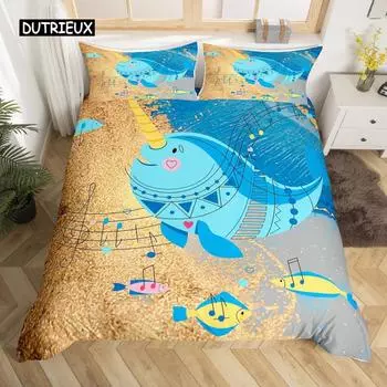 Одеяло с дельфином, пододеяльник размера King Size, милый пододеяльник с рисунком в виде единорога, комплект постельного белья с рисунком животных из мультфильмов, синий, океан, пляж, тема стеганого одеяла EU single(135x200cm)