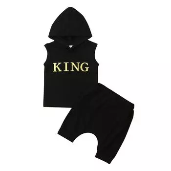 Одежда для маленьких мальчиков, жилет с капюшоном KING, топы + шорты, комплект из 2 предметов, спортивный костюм 0-3m чёрный