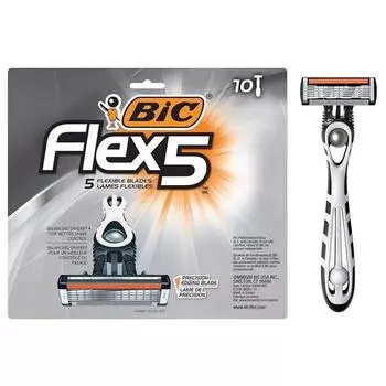 Одноразовая бритва BIC Flex 5 Titanium с 5 лезвиями для бритья чувствительной кожи, обеспечивающая мягкое, комфортное и гладкое бритье. Набор из 10 бритв.
