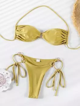 Однотонные бикини Push Up Купальники женские бикини с бретельками через шею Блестящий купальник Push Up Купальные костюмы Бандажная пляжная одежда Стринги S
