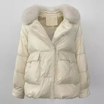 OFTBUY Осень-зима Модный воротник из лисьего меха, сшитый из 90% белого утиного пуха, утолщенный теплый женский корейский стиль, свободный повседневный пуховик S чёрный