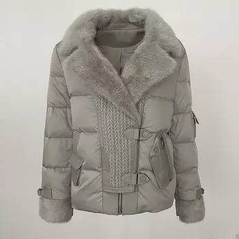 OFTBUY осень-зима шелковый 90% белый гусиный пуховик женский короткий норковый воротник меховая куртка утолщенная теплая L серый