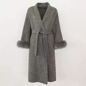OFTBUY Зимняя мода Двусторонняя шерстяная куртка на шнуровке Манжеты Съемный воротник из натурального меха лисы Двусторонняя кашемировая куртка для женщин S хаки