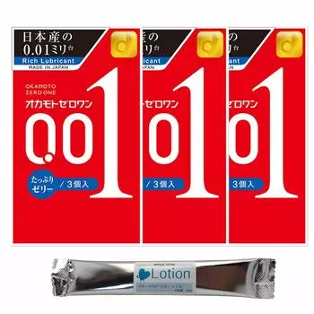 Okamoto Zero One 001 Lots of Jelly 3 шт. Презервативы Okamoto Contraceptive Skin Condom Ultra Thin 3 коробки Набор с 1 лосьоном-стиком 0,01 мм